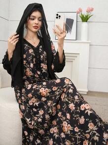 Yasmyna Vestido con estampado floral de encaje y gasa con cuello en V, estilo árabe, con pañuelo para la cabeza, color rosa - Negro - Ver 4