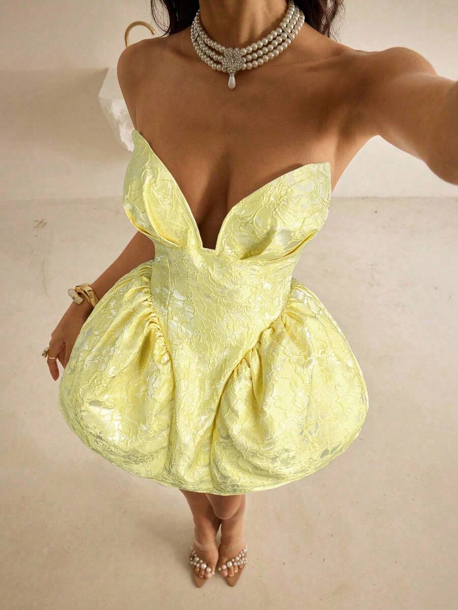 Vowa Váy suông satin jacquard kiểu cung điện thanh lịch, sang trọng, quý phái, không dây, có nhún eo, thích hợp cho tiệc đơn, đám cưới, tốt nghiệp, kỳ nghỉ, quà tặng cô dâu - Màu vàng - Xem 1