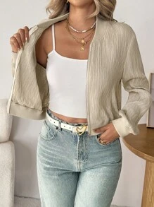 SHEIN LUNE Women's Casual Solid Color Long Sleeve Zip-Up Baseball Jacket Cropped Blazer Summer Blazer Light Cardigan For Summer Women Blouses Elegant Fall For Women Fall Fall Women Going Out Tops Women Winter For Women Fall For Women Airport For Women Going Out