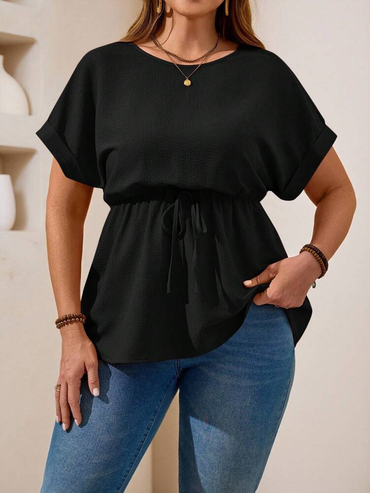 Plus Size Round Neck Batwing Sleeve Casual Solid Color Blouse, Summer Tops,Vacation Woman,Going Out Tops,Country Concert,Cute Summer Tops