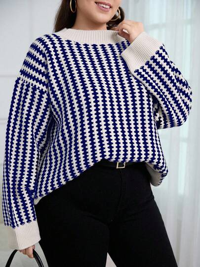 EURMUSE Plus Size Women Striped Round Neck Drop Shoulder Long Sleeve Casual Loose Sweater