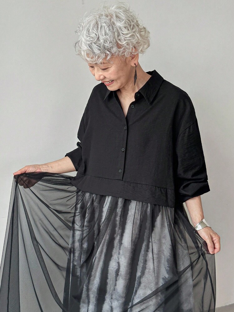 FRIFUL 女式黑色落肩长袖下摆拼布扎染面料透明网眼衬衫裙，秋季连衣裙，休闲长裙 - 黑色 - 查看 2