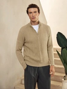 Manfinity Homme كنزة صوفية كاجوال للرجال بلون أحادي وياقة عالية، خريف/شتاء - كاكي - مشاهدة 1