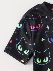 SHEIN 2pcs/Set Young Girls Glowmode Glow-In-The-Dark Cartoon Cat Print T-Shirt Leggings Snug Fit Pajamas Black Summer Fairy Family Matching Sleepwear Set - Black - View 6