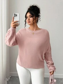 Elenzga Plus Size Women's Beaded Crew Neck Sweater Winter Fall Autumn - Pink - View 5