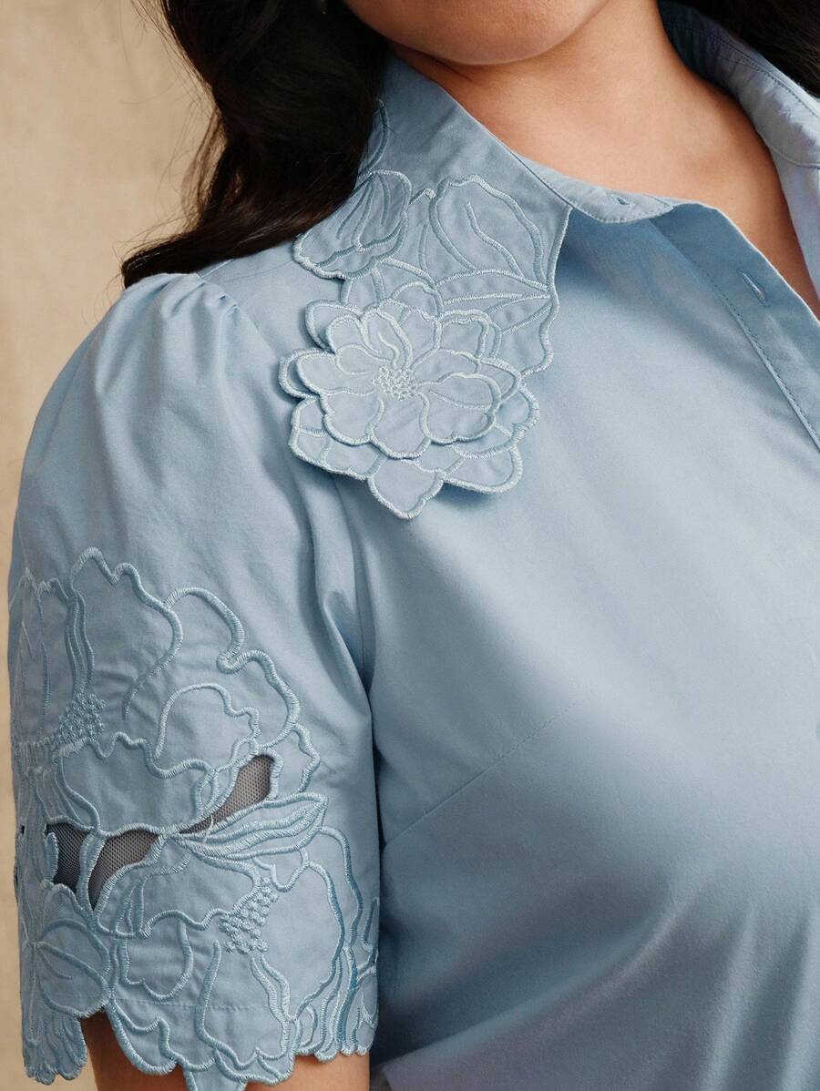 Anewsta Áo kiểu nữ tay ngắn thêu hoa cổ bẻ thời trang thanh lịch mùa hè đa năng đi làm - Màu xanh lam - Xem 1