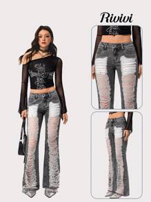 SHEIN ICON Asian Fit Low Waist Skinny Ripped Flare Jeans - Dark Grey - View 1