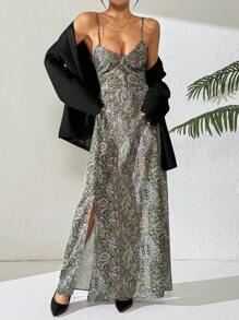 Chiquease 佩斯利印花吊带露背吊带连衣裙 超长度假海滩装 女款 - 綠色 - 查看 4