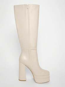 Solezae Botas altas hasta la rodilla con plataforma y cremallera lateral para mujer - Beis - Ver 7