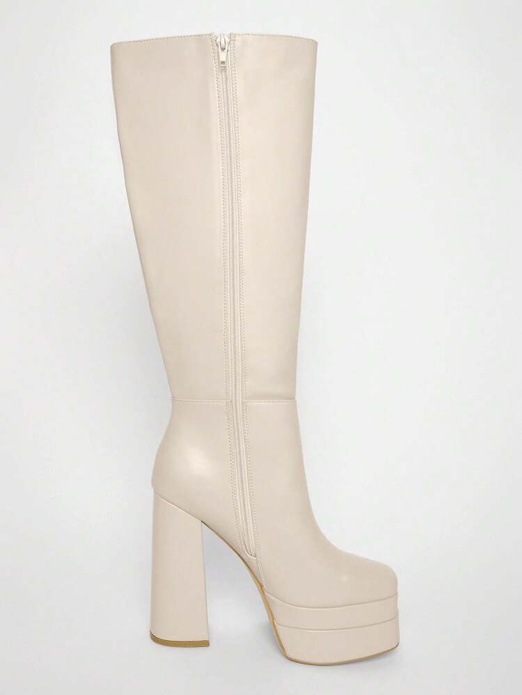 Solezae Women's Glamorous Platform Side Zipper Knee-High Boots - Beige - View 7