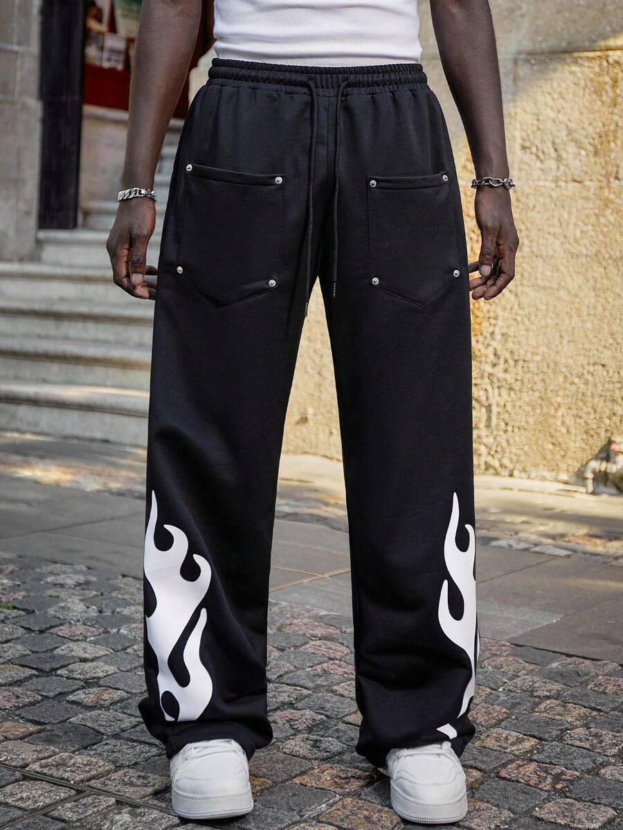 PAVTROS Quần dài thể thao dáng rộng thiết kế nhiều túi in họa tiết ngọn lửa lớn cho nam, phong cách cổ điển, thoải mái, phù hợp với mọi mùa - màu đen - Xem 1