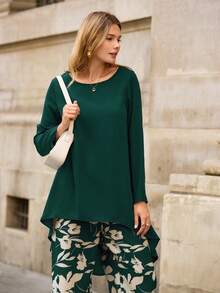 EMERY ROSE 2 件女式不对称下摆长袖上衣和宽松裤子套装女式秋季套装 - 綠色 - 查看 6