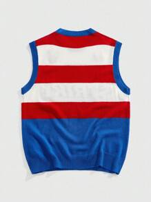 ROMWE MEN Prep Chaleco de punto con rayas de contraste y patrón de letras para hombre, otoño e invierno - Azul - Ver 2