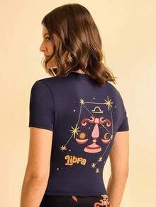 CAJUNI Women's Tropical Bohemian Style Libra Constellation Print Navy Blue Casual Cropped T-Shirt - Multicolor - View 5