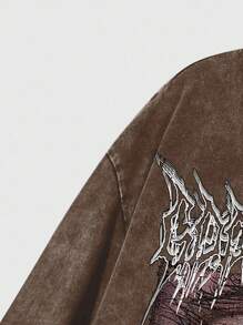 ROMWE MEN Street Life Áo thun nam tay ngắn in hình mắt, viền rách, thường ngày, mùa hè - Cà phê nâu - Xem 5