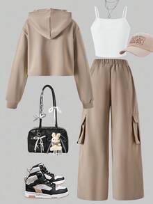 3件套女童休闲连帽衫套装 - 白色字母印花连帽衫，简约吊带，卡其色工装裤。适合上学、旅行、通勤。可搭配夹克、背心。 - 卡其色 - 查看 2