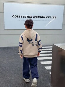 SHEIN Little Byeori Tween Boy Casual Korean Style Loose Fit Oversized Letter Graphic Hoodie And Elastic Waist Pants Set, Suitable For Autumn/Spring, Outdoor Play, School, Street Style, Party And Leisure,Winter Set,Winter Clothing,Fall Outfits,Fall Clothing,All Clothes For Kids, Teen Boy Hoodie, Boys Top And Bottom Hoodies, Boys Autumn Winter Casual Two Pieces Set - Navy Blue - View 1