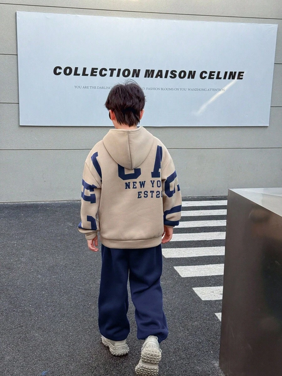 SHEIN Little Byeori Tween Boy Casual Korean Style Loose Fit Oversized Letter Graphic Hoodie And Elastic Waist Pants Set, Suitable For Autumn/Spring, Outdoor Play, School, Street Style, Party And Leisure,Winter Set,Winter Clothing,Fall Outfits,Fall Clothing,All Clothes For Kids, Teen Boy Hoodie, Boys Top And Bottom Hoodies, Boys Autumn Winter Casual Two Pieces Set - Navy Blue - View 1