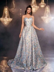 Glamrae 优雅奢华露肩浅金色和蓝色提花花卉舞会礼服，适合返校派对、单身派对、婚礼、派对、度假、宴会 - 彩色 - 查看 6