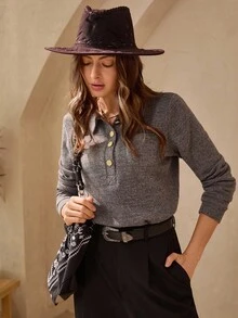 Wildy Camiseta elegante para mujer de manga larga, tipo polo, de unicolor, versátil y casual, para uso en el oeste, en color gris, para mujer, estilo vaquero, ropa de otoño para mujer, estilo chic occidental, camisa abotonada de otoño, para mujer, ropa de trabajo, ropa de oficina para mujer, maestra