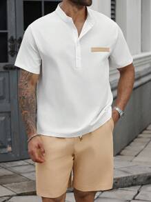 Manfinity Homme Men's Plus Size Summer Solid Color Single Breasted Short Sleeve Shirt And Drawstring Waist Shorts Set Men's Two Pieces Summer Men's Two Pieces Casual Shorts Set Men's Casual Shorts Set Men's Resortwear - Multicolor - View 6
