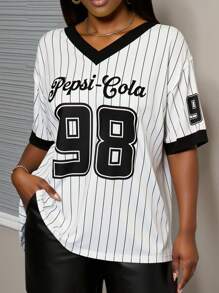 PEPSI X SHEIN Plus Size V-Neck Striped & Letter Print Casual Short Sleeve T-Shirt Baseball Jersey Women Baseball Shirt Oversized Jersey Baseball Shirts For Women Softball Shirt - White - View 2