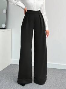 SHEIN Tall 女士纯色高腰阔腿裤 - 黑色 - 查看 4