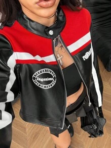 Coolane Women's Fall/Winter Streetwear Going Out  Letter Print Long Sleeve Zip-Up Cropped Motorcycle Jacket - Black - View 5