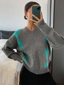 DAZY Suéter holgado de estilo casual de calle con cuello en V, manga larga y estampado de cuadros en contraste para mujer, otoño/invierno