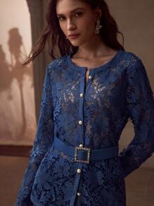 MOTF PREMIUM 女士蓝色镂空刺绣优雅束腰夹克 - 藍色 - 查看 3