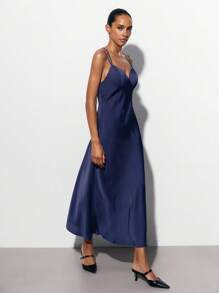 Maija 女式海军蓝缎面长裙，百搭四季现代都市时尚商务优雅纯色无袖连衣裙 - 藏蓝色 - 查看 3