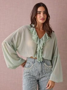 Enchnt Damen Einfarbige Bluse mit Kontrast-Spitzenrüschen und weiter Passform, Langarm - Grün - Übersicht 4