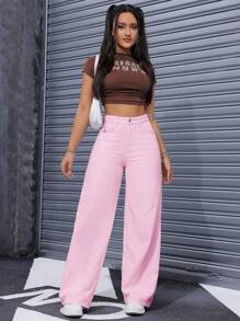 SHEIN ICON الجينز الفضفاض المريح والواسع بجيوب للنساء كبيرات الحجم ذو اللون الوردي لفصل الصيف - وردي - مشاهدة 3
