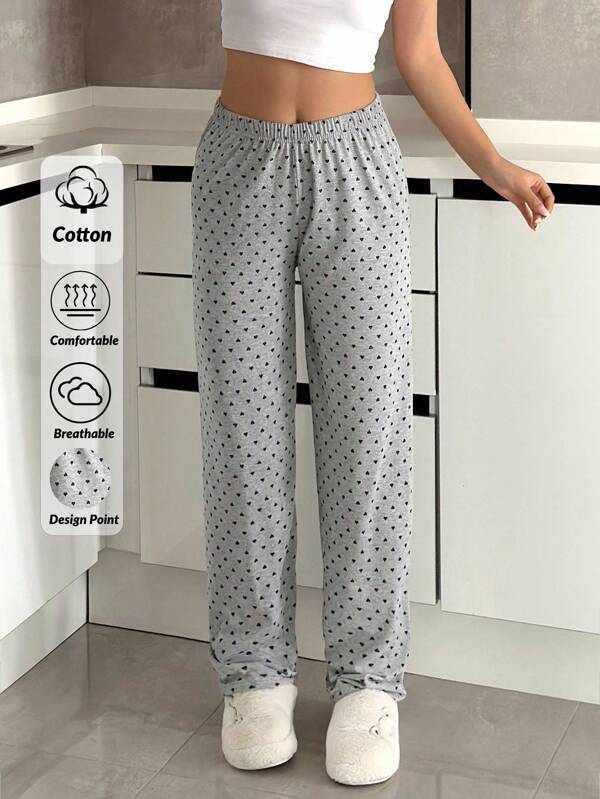 SHEIN Cotton TALL SIZE Women Contrast Colour Heart Pattern Homewear Sleep Bottom