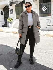 EURMUSE 大码女式纯色长袖拉链连帽休闲冬季夹克 - 深灰色 - 查看 3