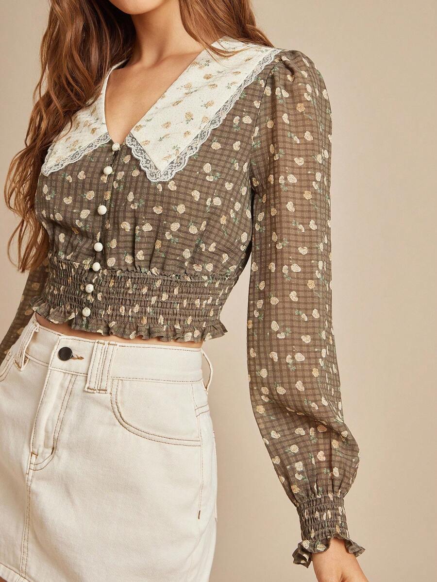 WESTFADE Mix Floral Print Chiffon Collared V Neck Button Front Smocked Waist Long Puff Sleeve Top Fall Going Back To School - Multicolor - View 1