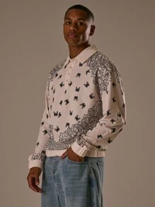 Musero Camisas polo oversized de manga comprida com estampa total e fechamento em três botões para outono/primavera/verão. - Preto e Branco - Ver 3