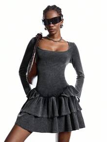 LYSMO 女式纯色方领长袖荷叶边下摆时尚迷你连衣裙