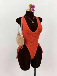 Amplova 深V领露背交叉蝴蝶结纹理紧身衣