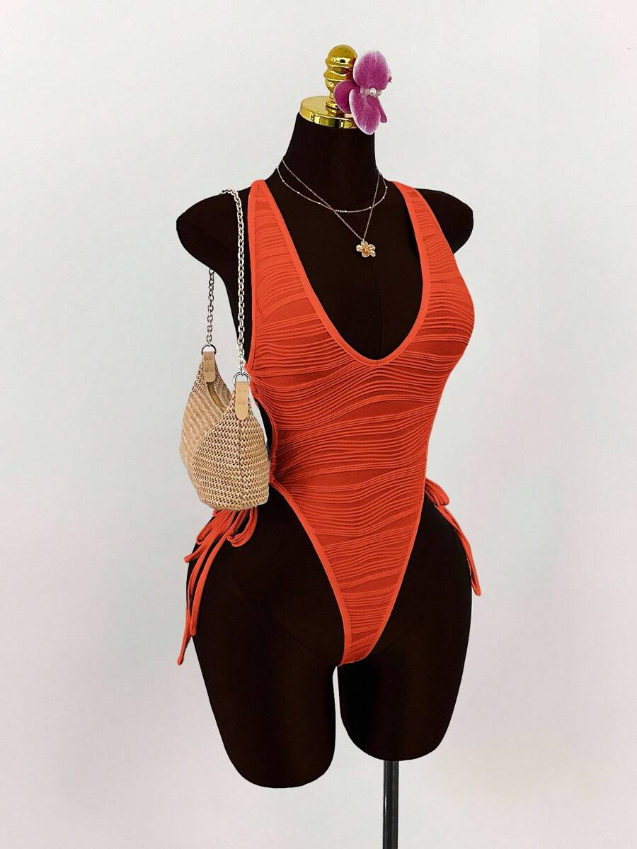 Amplova 深V领露背交叉蝴蝶结纹理紧身衣