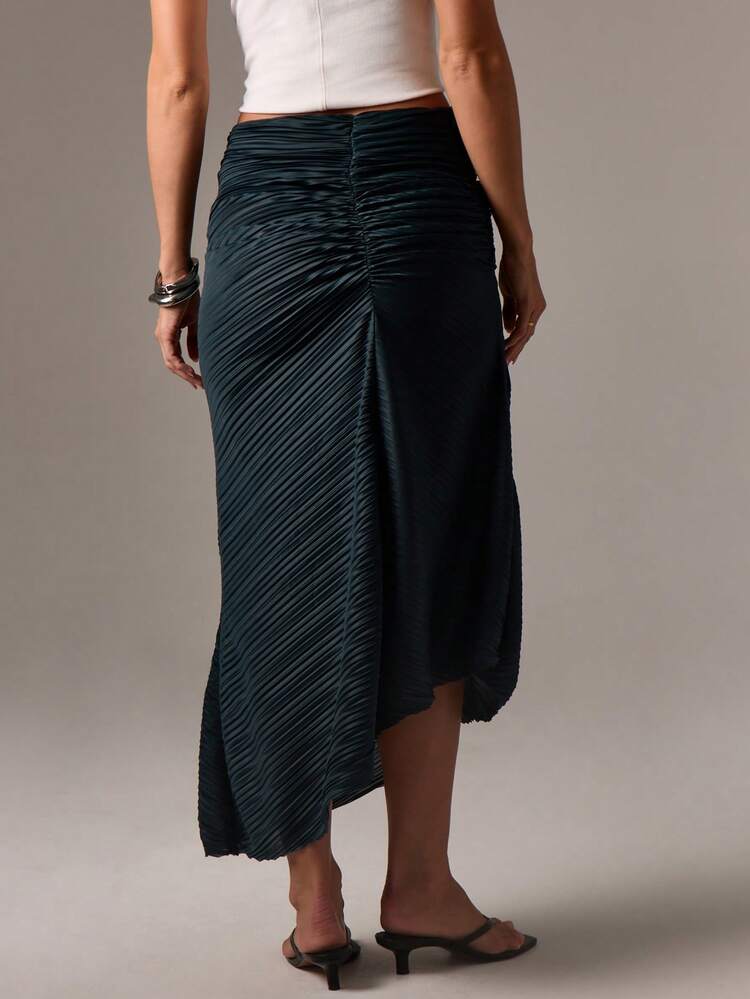 Pleated Satin Midi Skirt With Asymmetric Hem