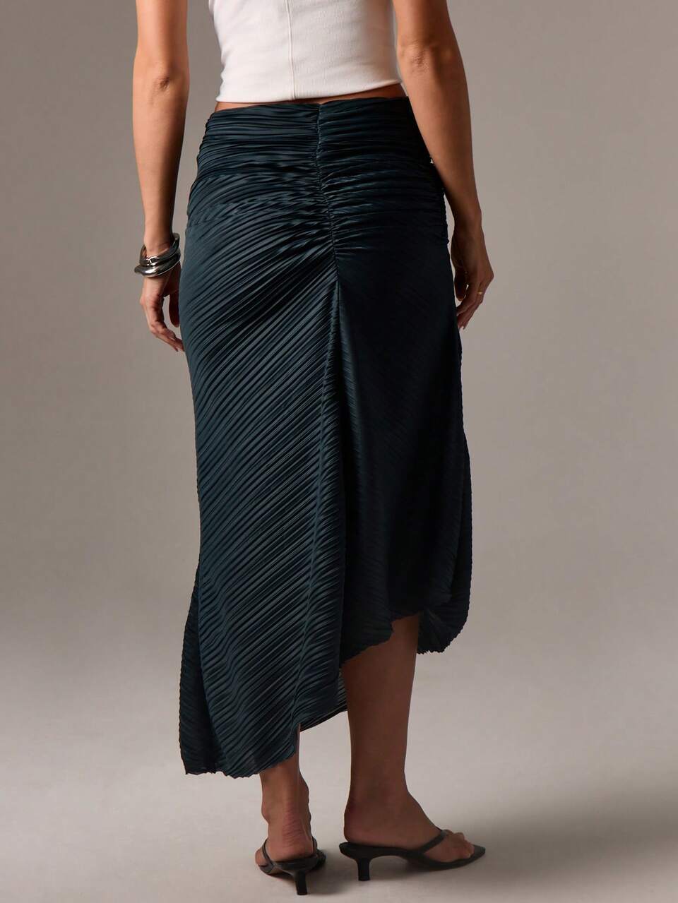 AiiRZ Pleated Midi Skirt Asymmetric Hem Ruched Waist Evening Party Occasion Wear Draped Design Fall Winter Fashion Side Slit Elegant Dress Bottoms