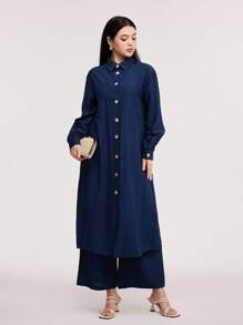 Veilorie Solid Button Front Shirt & Wide Leg Trousers - Navy Blue - View 1