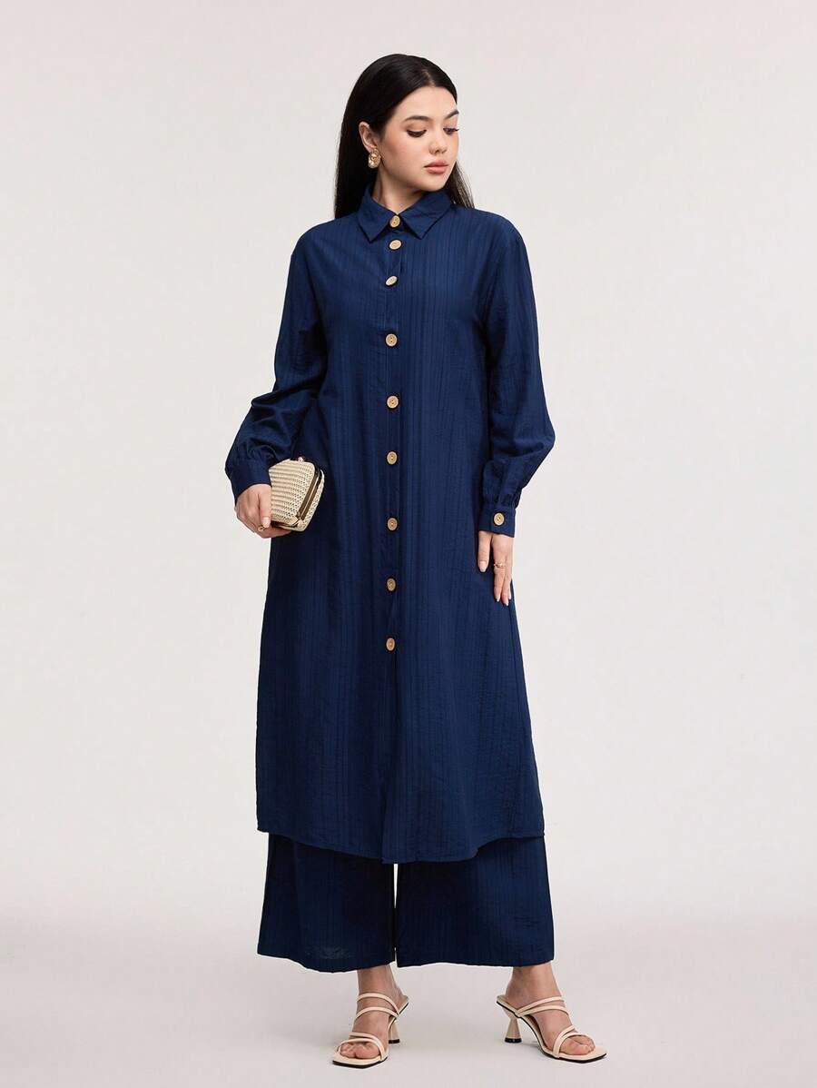 Veilorie Solid Button Front Shirt & Wide Leg Trousers - Navy Blue - View 1