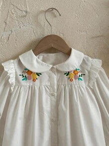 Loomiva Young Girl Floral Print Round Neck 3/4 Sleeve Open Front Blouse, Versatile & Comfortable Fall Winter - White - View 7