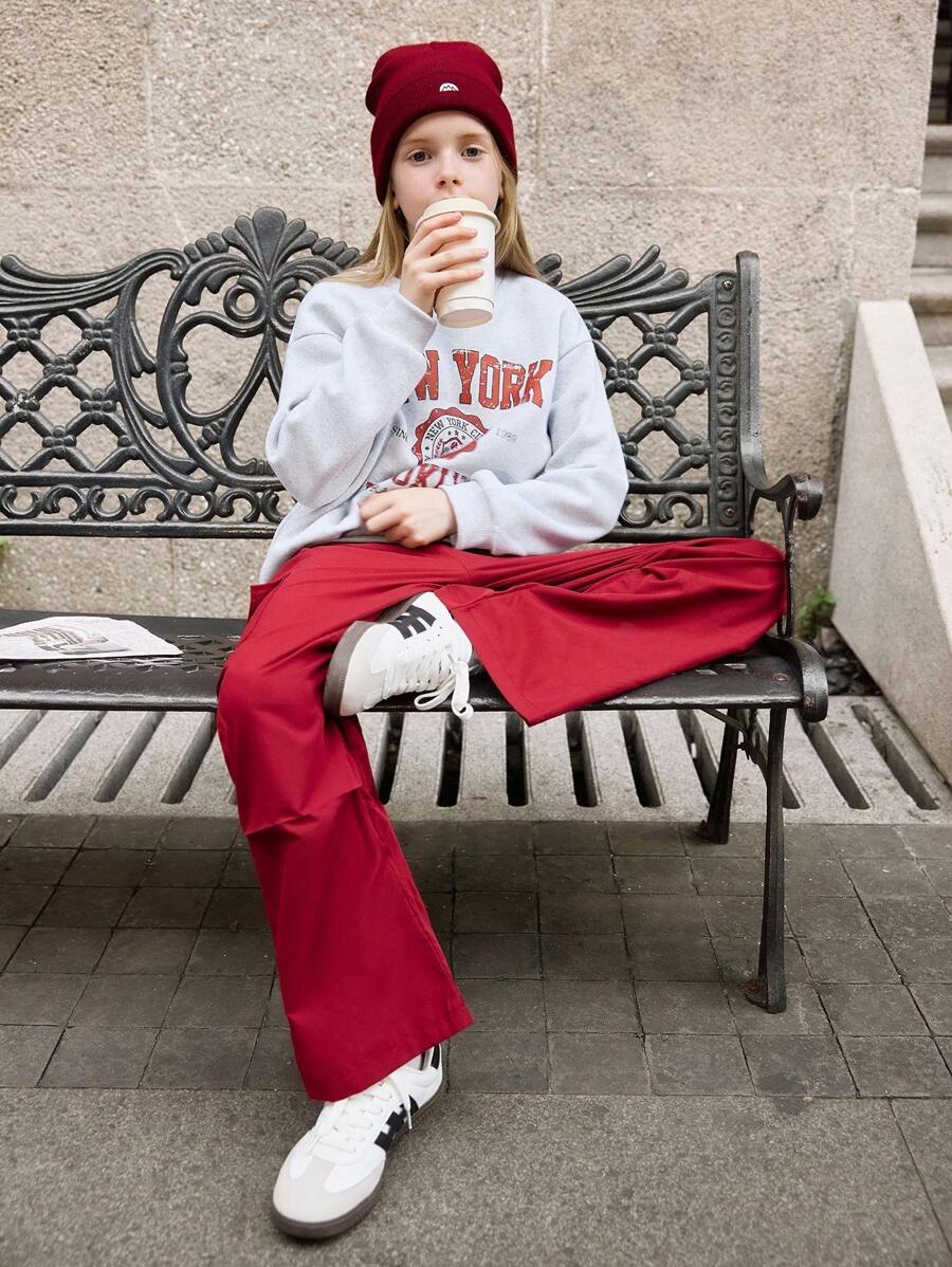 SHEIN 2件套青少年女孩休闲字母印花羊毛圆领运动衫和工装裤套装 - 彩色 - 查看 1