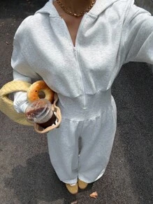 SHEIN EZwear 灰色休闲女式落肩长袖前拉链连帽连体裤 - 灰色 - 查看 5