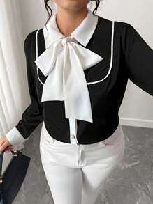 Elenzga بلوزة نسائية كبيرة الحجم بأكمام طويلة وياقة ربطة عنق بلون متباين