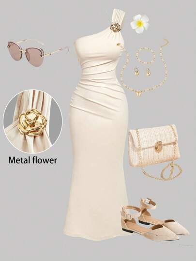 SHEIN MOD Plus Size Gold Color Brooch Decor Asymmetric Neck Ruched Fishtail Skirt,Wedding Guest Dress,Homecoming Dress.Spring/Summer Outfits.Valentine's Day Outfits.Elegant Women's One Shoulder Ruched Long Cream Dress With Embellished Strap Detail For Special Occasions