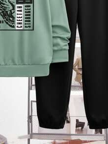 SHEIN 2 件套青少年男童休闲动物和英文字母印花连帽运动衫和抽绳裤套装，适合秋季、冬季、学校、家居、运动、简单百搭的日常穿着 - 薄荷綠 - 查看 3